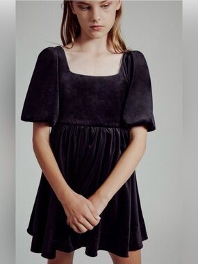 Bardot Junior Girls Black Velvet Puff Sleeve Party Dress Size 6 Rhinestone Trim
